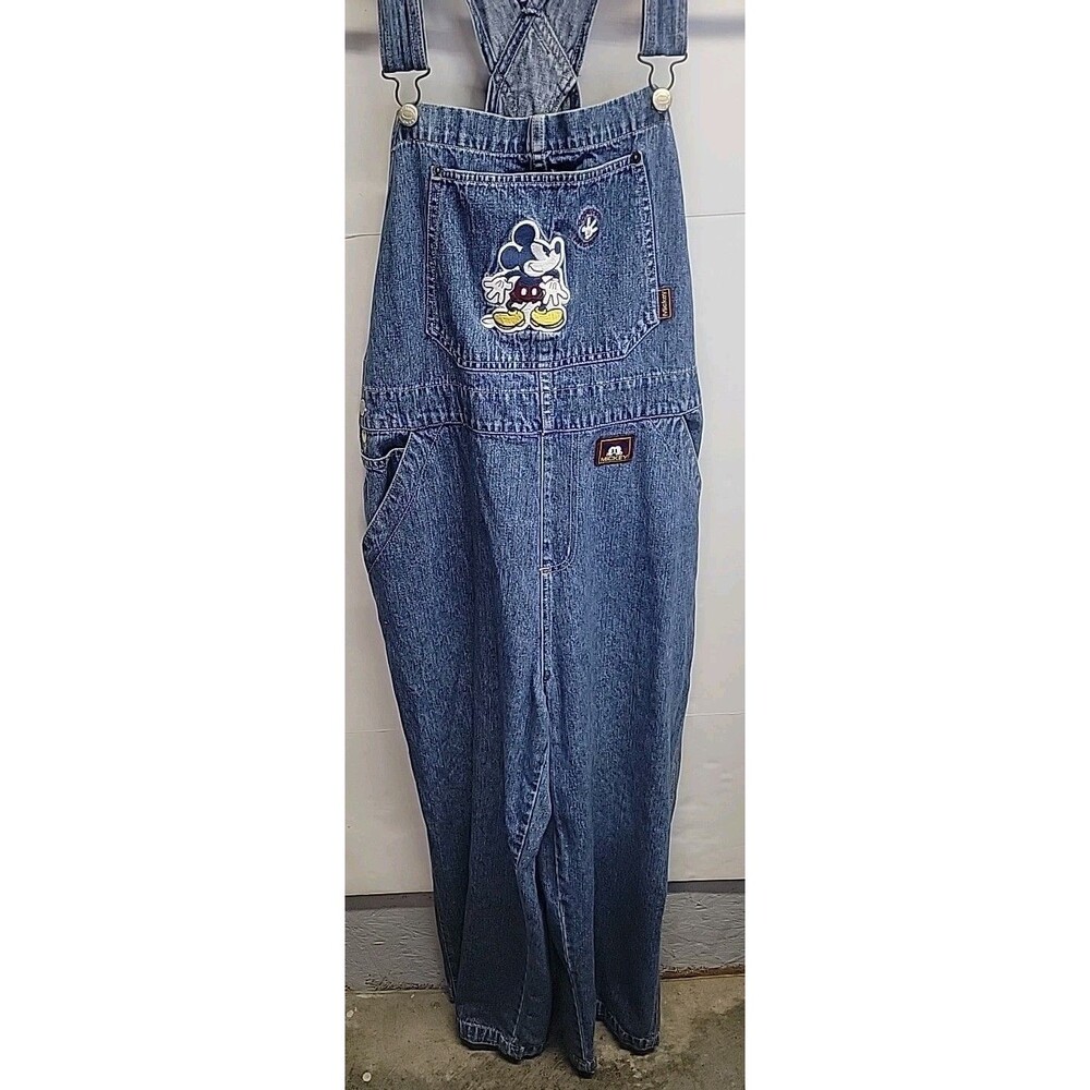 Disney Mickey Mouse Denim Overalls XL Embroidered Front Pocket Adjust Y2K